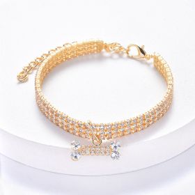 Necklace Cat Dog Three Row Rhinestone Zircon Bone Ornament Pet Collar (Color: Golden, size: S)