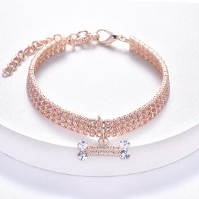 Necklace Cat Dog Three Row Rhinestone Zircon Bone Ornament Pet Collar (Color: Rose Gold, size: M)