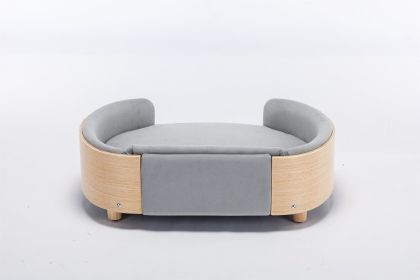 Scandinavian style Elevated Dog Bed Pet Sofa With Solid Wood legs and Bent Wood Back, Velvet Cushion,Mid Size Light Grey (Color: as Pic)