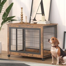 Furniture Dog Cage Crate with Double Doors, Rustic Brown, 38.58'' W x 25.2'' D x 27.17'' H (Color: as Pic)