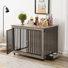 Furniture Style Dog Crate Side Table With Feeding Bowl, Wheels, Three Doors, Flip-Up Top Opening. Indoor, Grey, 43.7"W x 30"D x 33.7"H (Color: as Pic)